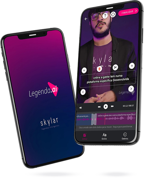 Dois celulares demonstrando como o aplicativo do Legenda.ai funciona